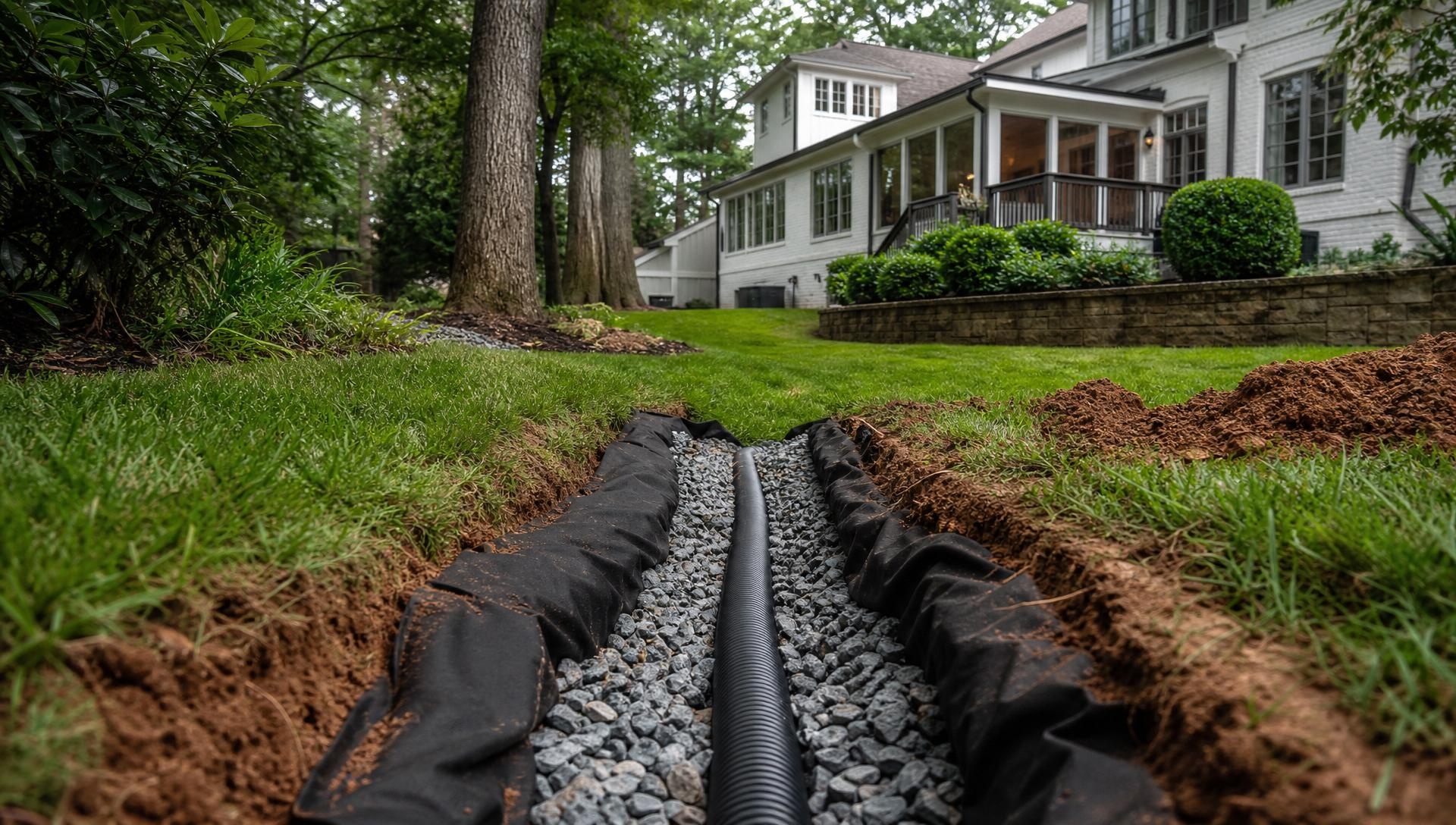 Yard drainage and grading correction with French drain installation