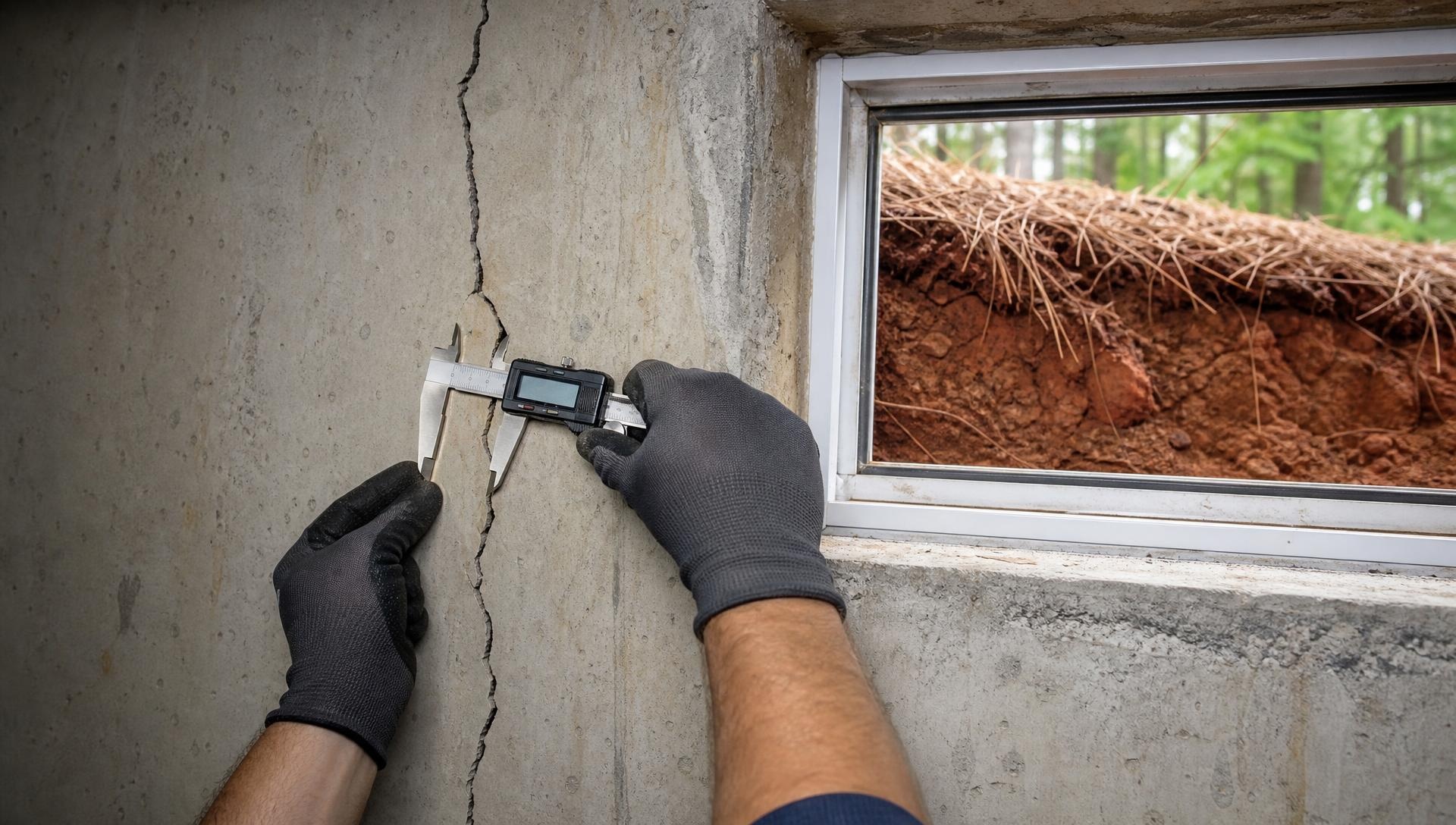 Technician measuring a foundation wall crack during inspection