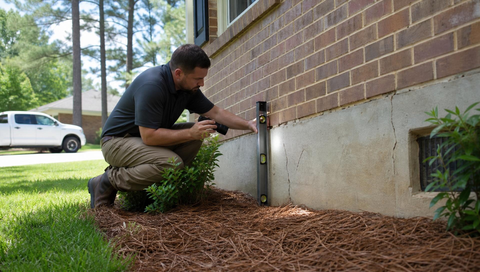 Foundation inspection underway on the exterior of an Atlanta-area home