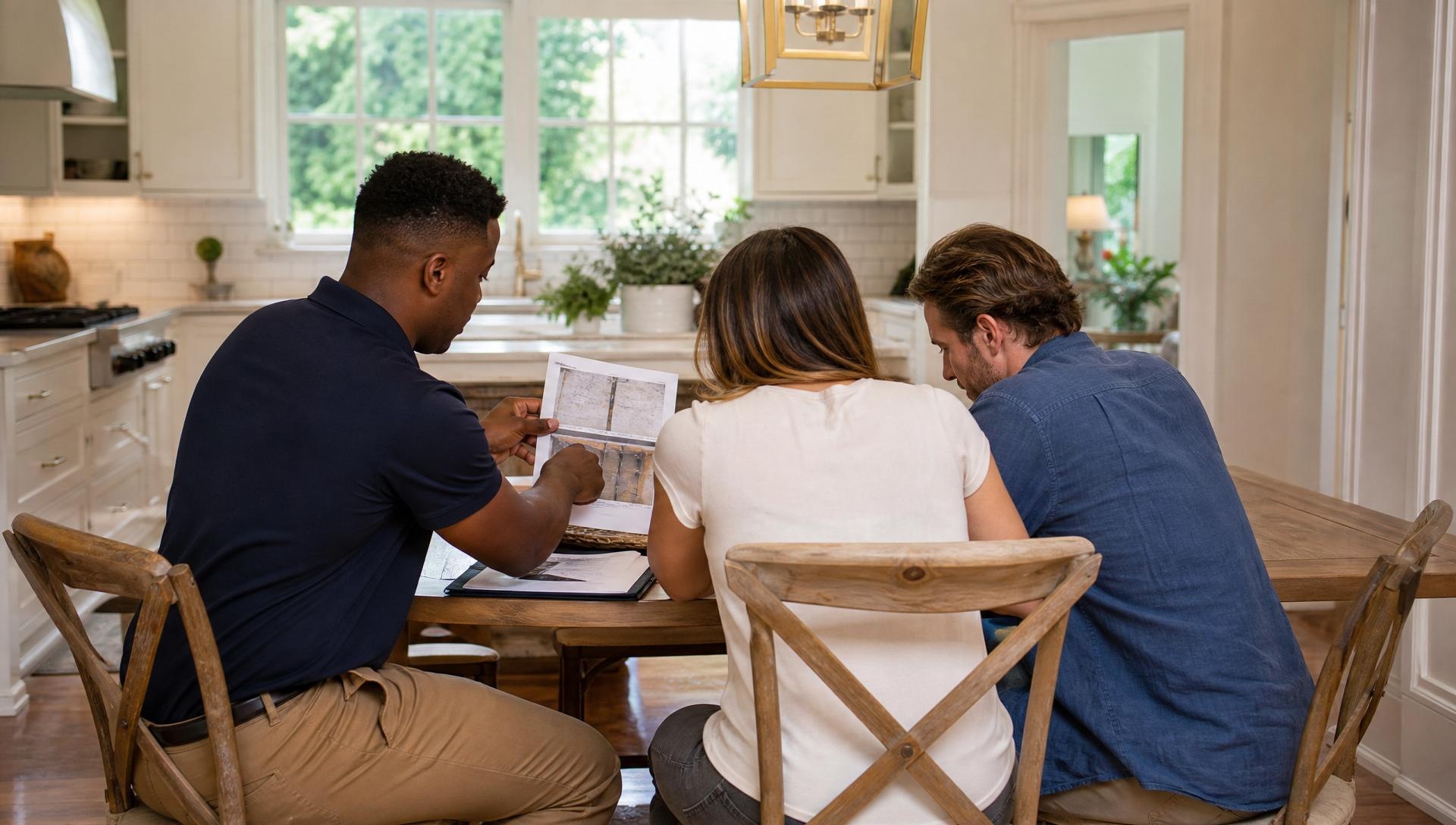 Davies Foundation Repair specialist walking a homeowner through a free foundation inspection report in Atlanta, Georgia