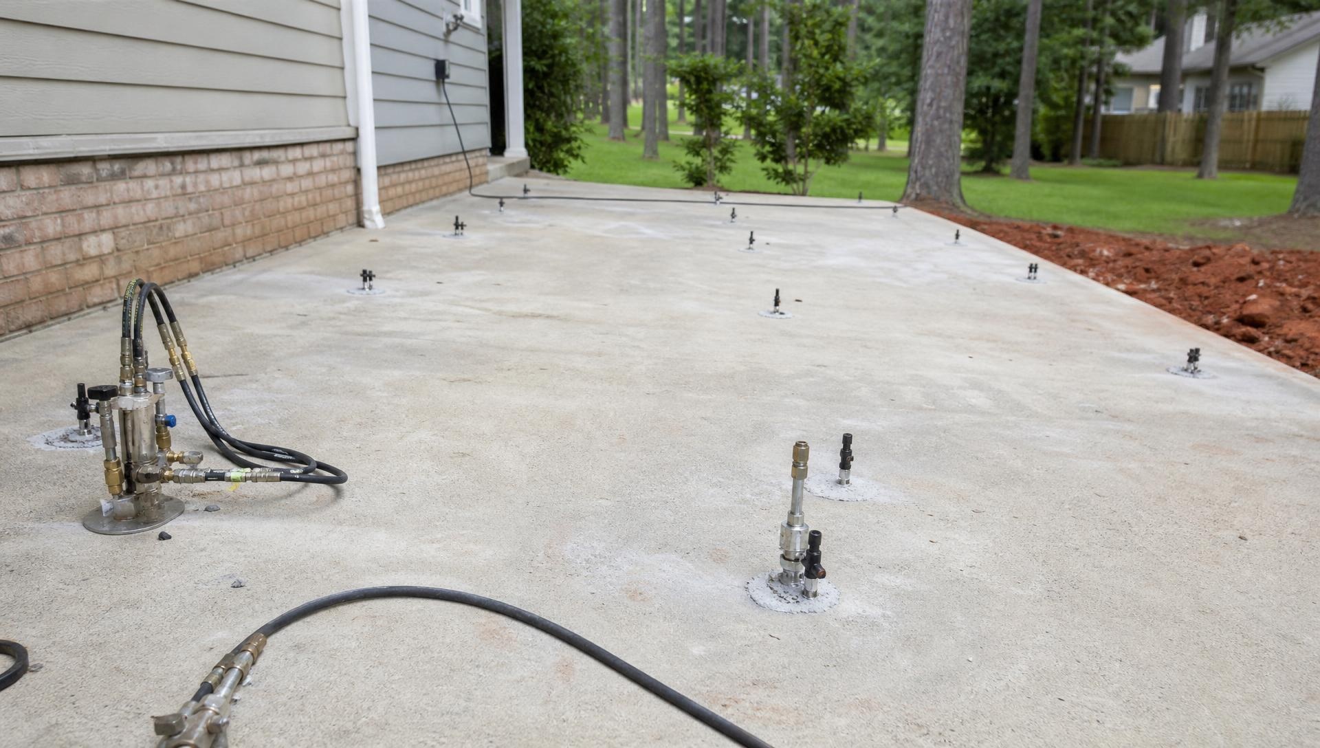 Slab foundation repair with steel push piers at an Atlanta area home