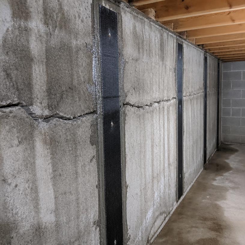 Bowing basement wall with carbon fiber reinforcement