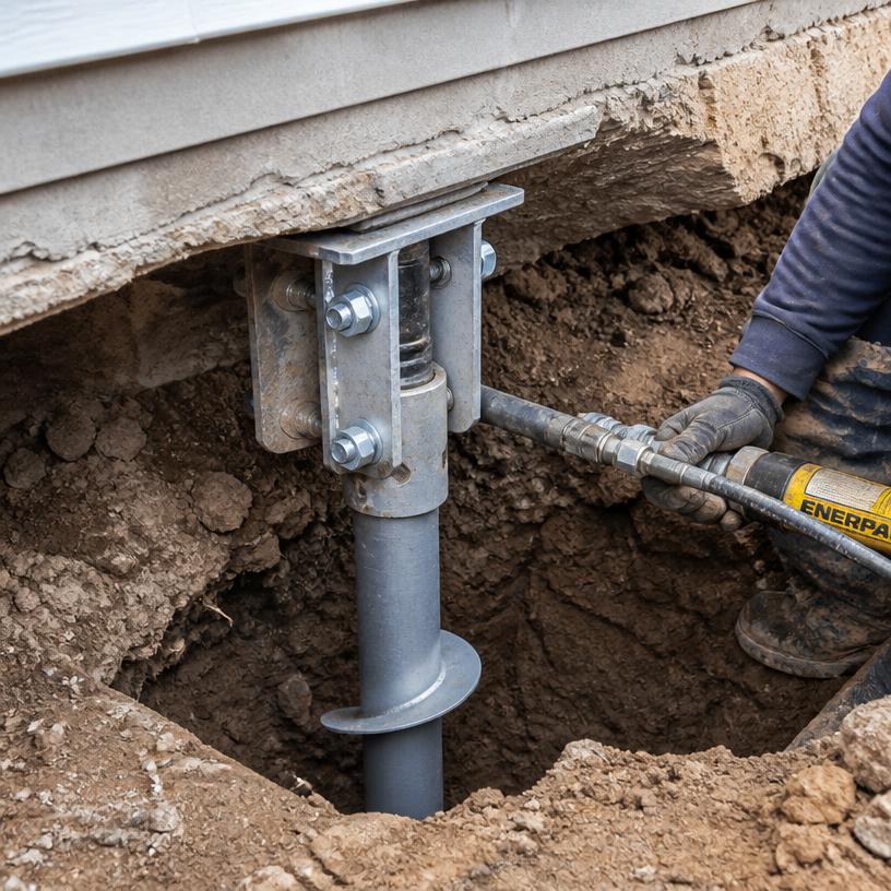 Steel pier installed under a settling foundation